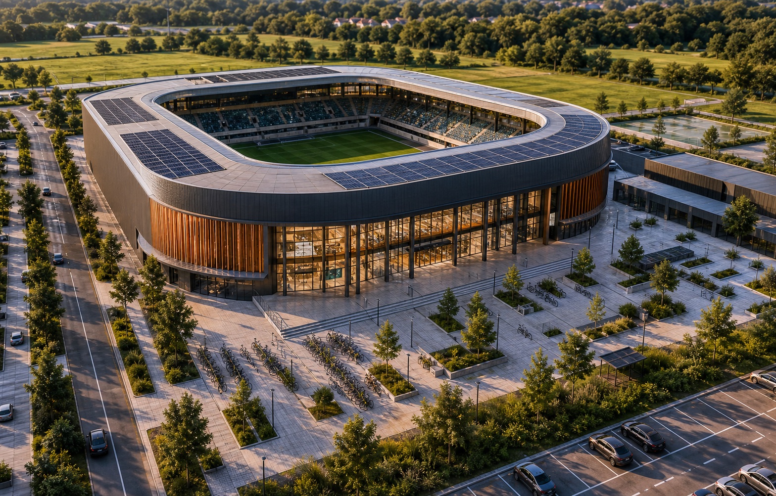 Obiekt sportowy i widowiskowy z fotowoltaiką, placem wejściowym i parkingiem